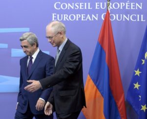 Armenia's President Sargisian is welcomed by European Council President Van Rompuy at the EU Council headquarters in Brussels March 6.